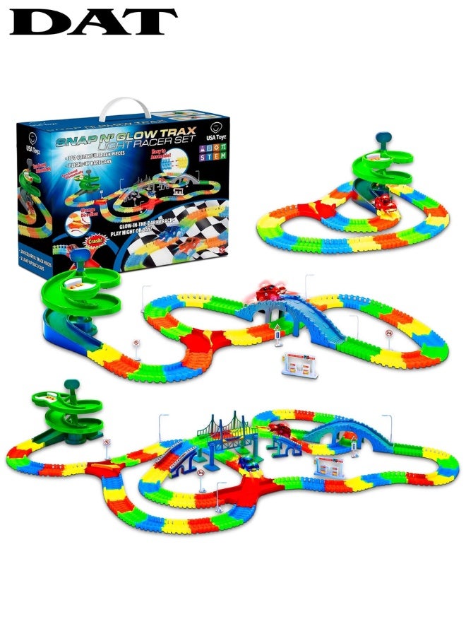 DAT Snap N Glow Trax Light Racer Set – Glow-in-the-Dark Flexible Race Track (360pcs) with 2 LED Cars, Bridges, Spiral Ramp, Lane Connectors, STEM Toy 3+  Key Features (Bullets) - Image 1